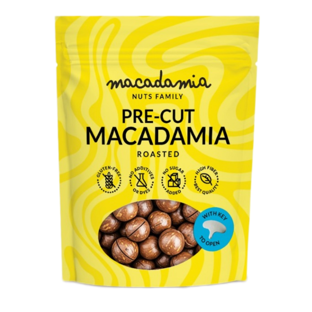 Įpjauti skrudinti makadamijų riešutai